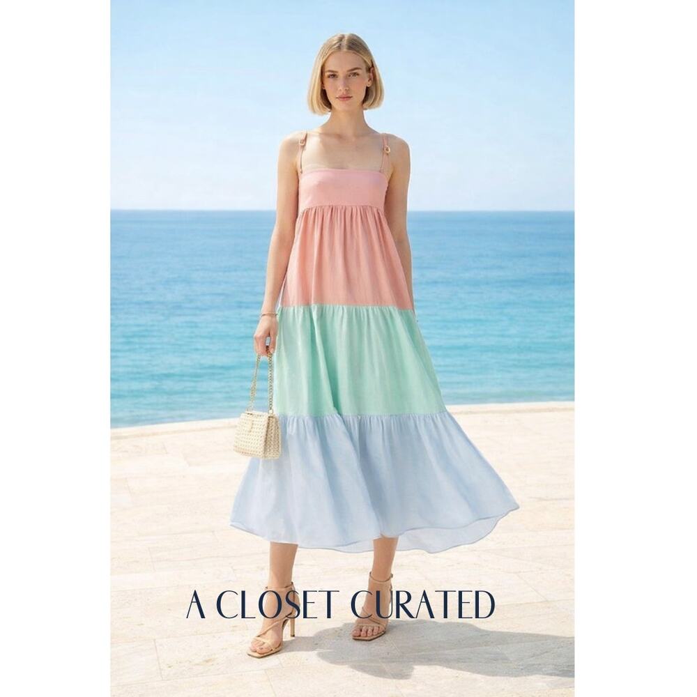 Paper London Laura Cotton Maxi Dress 2 Pastel Colorblock NWT